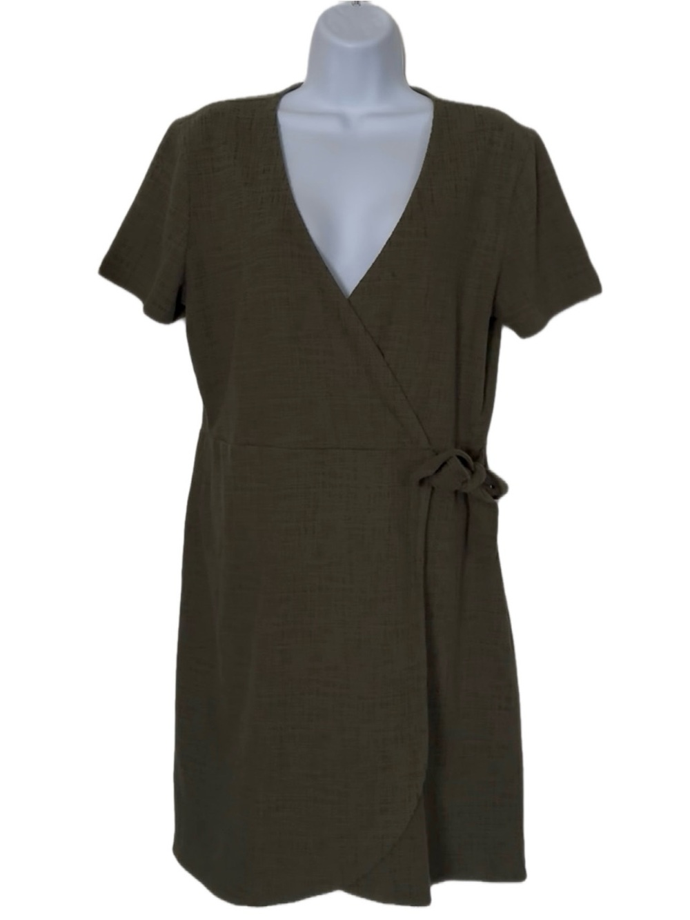 Madewell Dark Olive Green Textured Wrap Tie Mini Dress, Size L